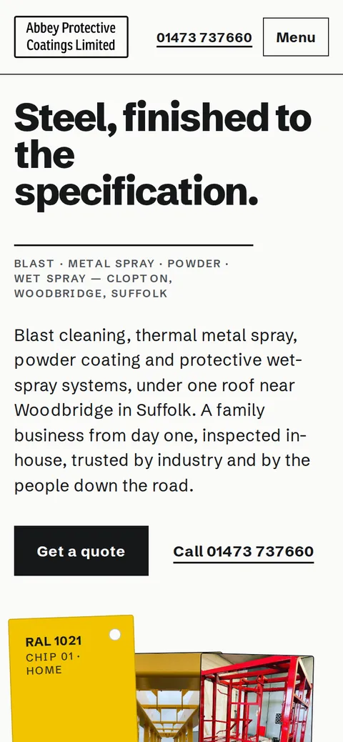 The Abbey Protective Coatings website on a phone