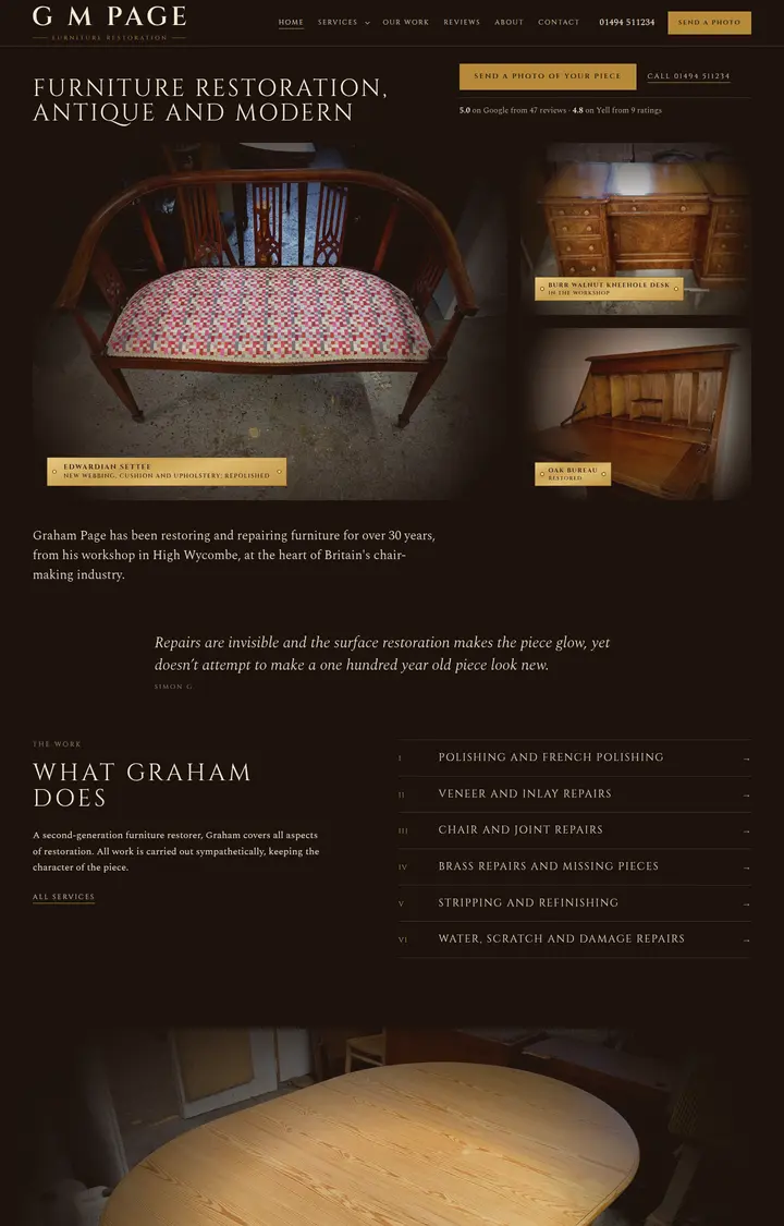 Further down the G M Page Furniture Restoration website