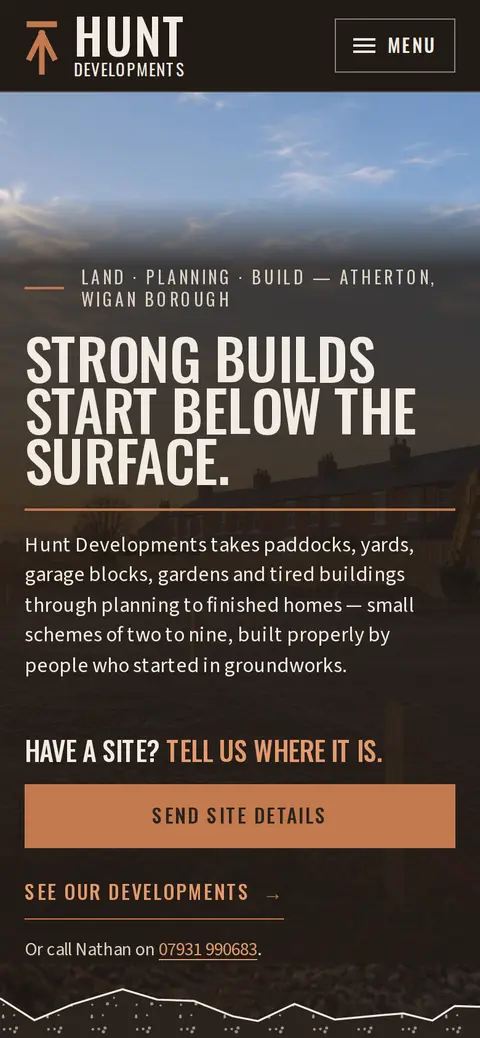 The Hunt Developments website on a phone