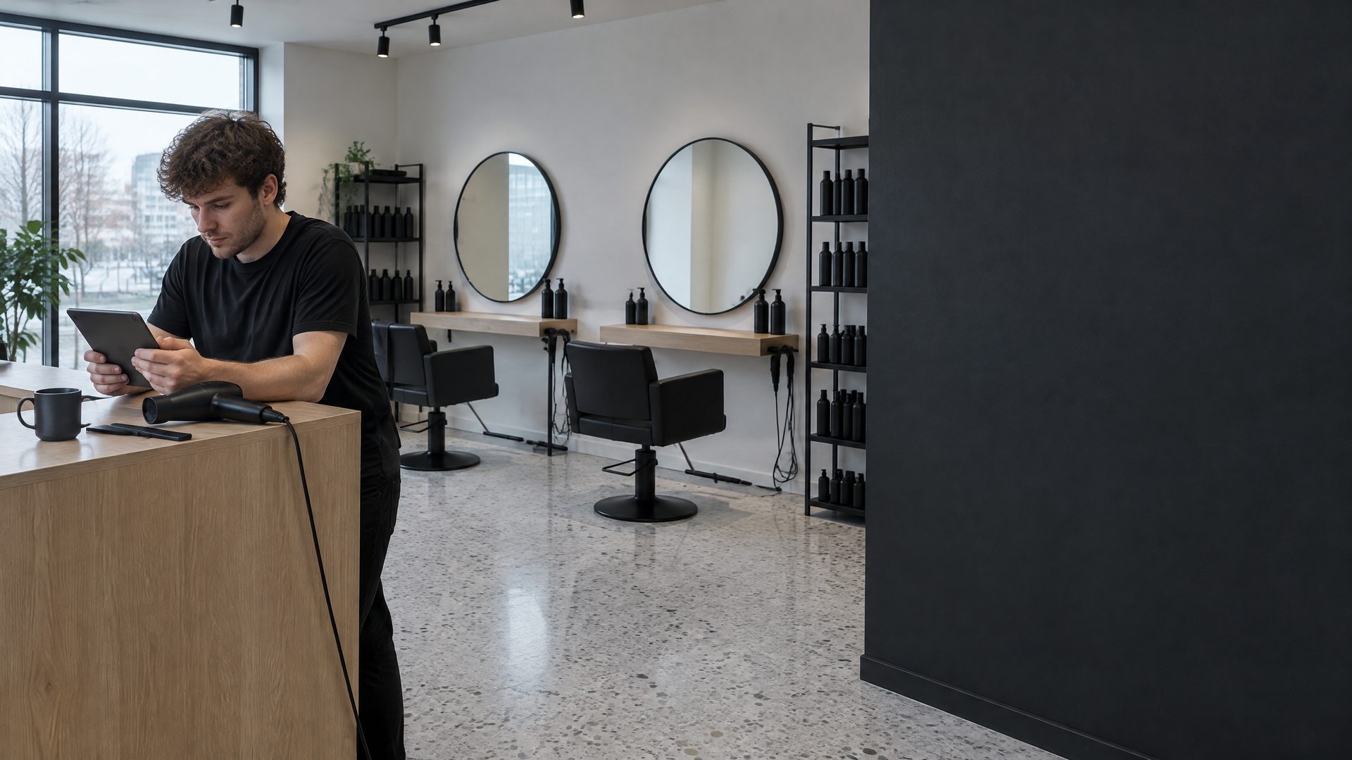 A hairdresser stands at an oak reception desk in a modern salon, looking down at a tablet, with round mirrors and empty black chairs behind him.