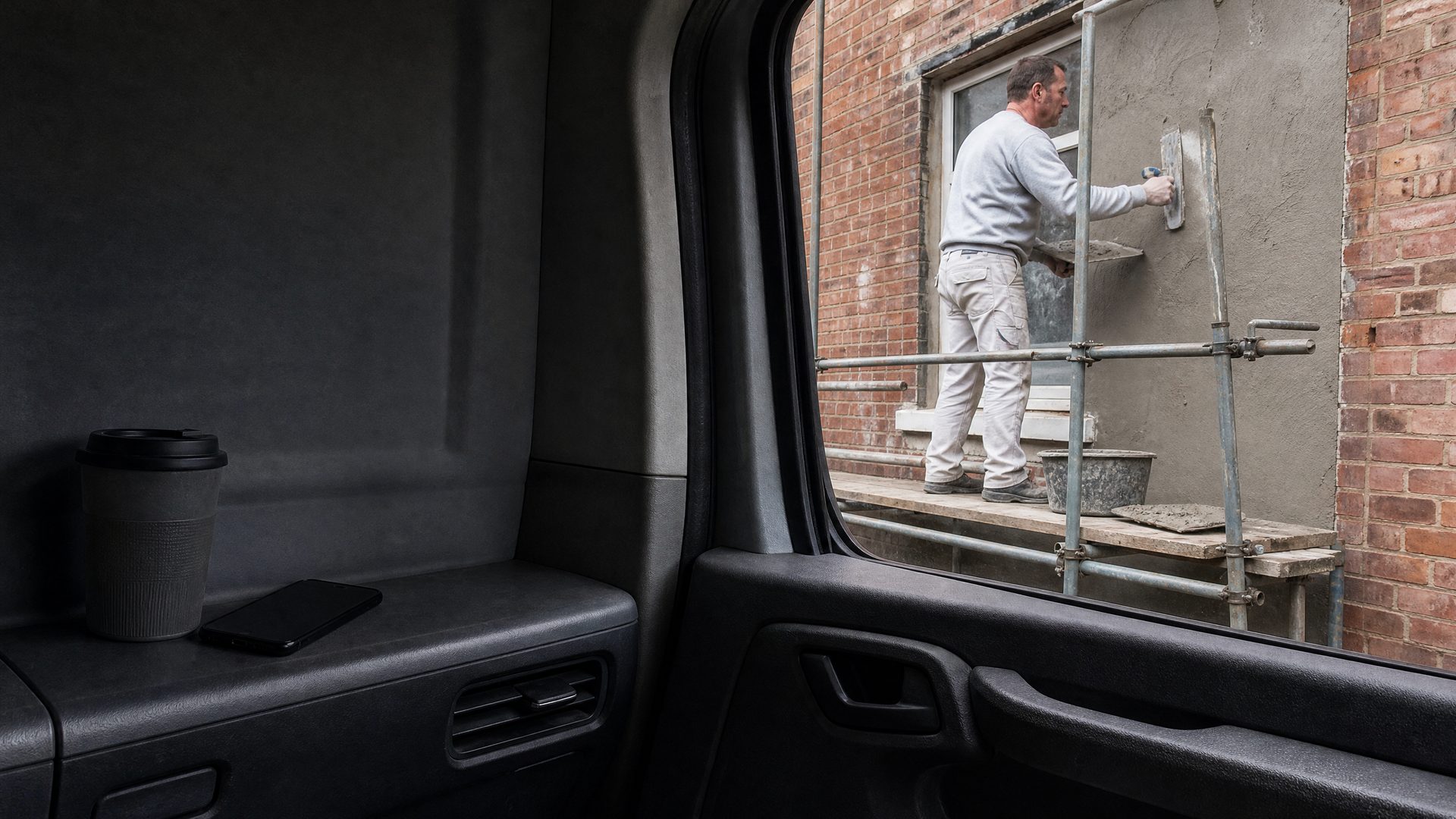 Seen from inside a van cab, a plasterer on scaffolding renders the front of a brick house through the open window, a coffee cup and phone on the dashboard.