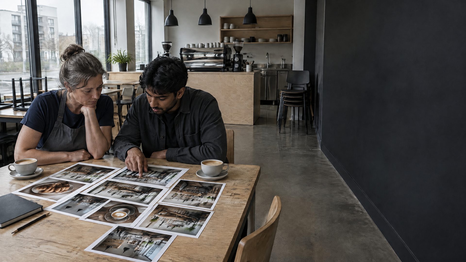 Two people at a wooden table in an empty coffee shop look over printed photos and layouts, one pointing at a print, with coffee cups beside them.