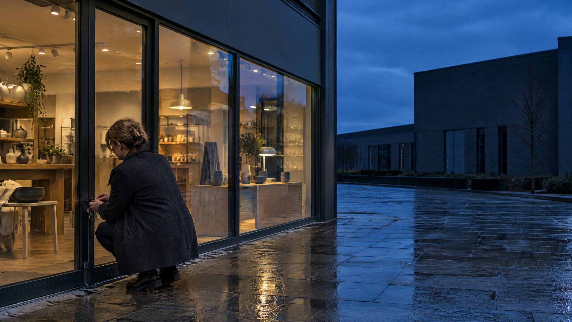 At dusk, a woman in a dark coat crouches to lock the glass door of a small modern shop, warm light from the window spilling onto wet paving.