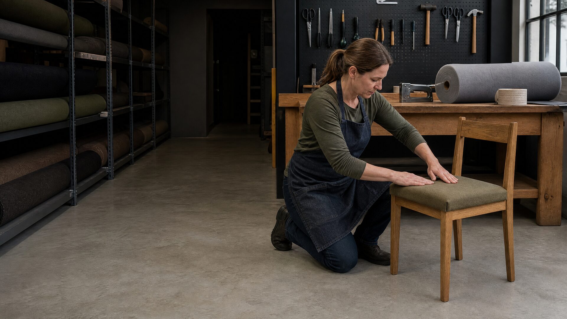 In an upholstery workshop, a woman kneels on the concrete floor smoothing olive fabric over the seat of an oak dining chair, with racks of fabric rolls and a workbench behind her.