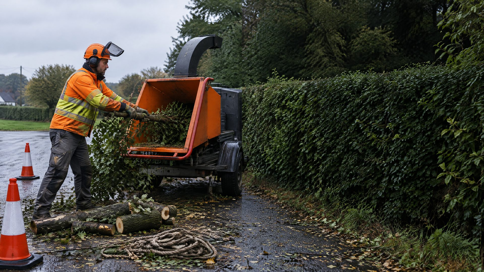 A tree surgeon in hi-vis, helmet and ear defenders feeds branches into an orange wood chipper on a wet lane, with cut logs, cones and a tall dark hedge alongside.