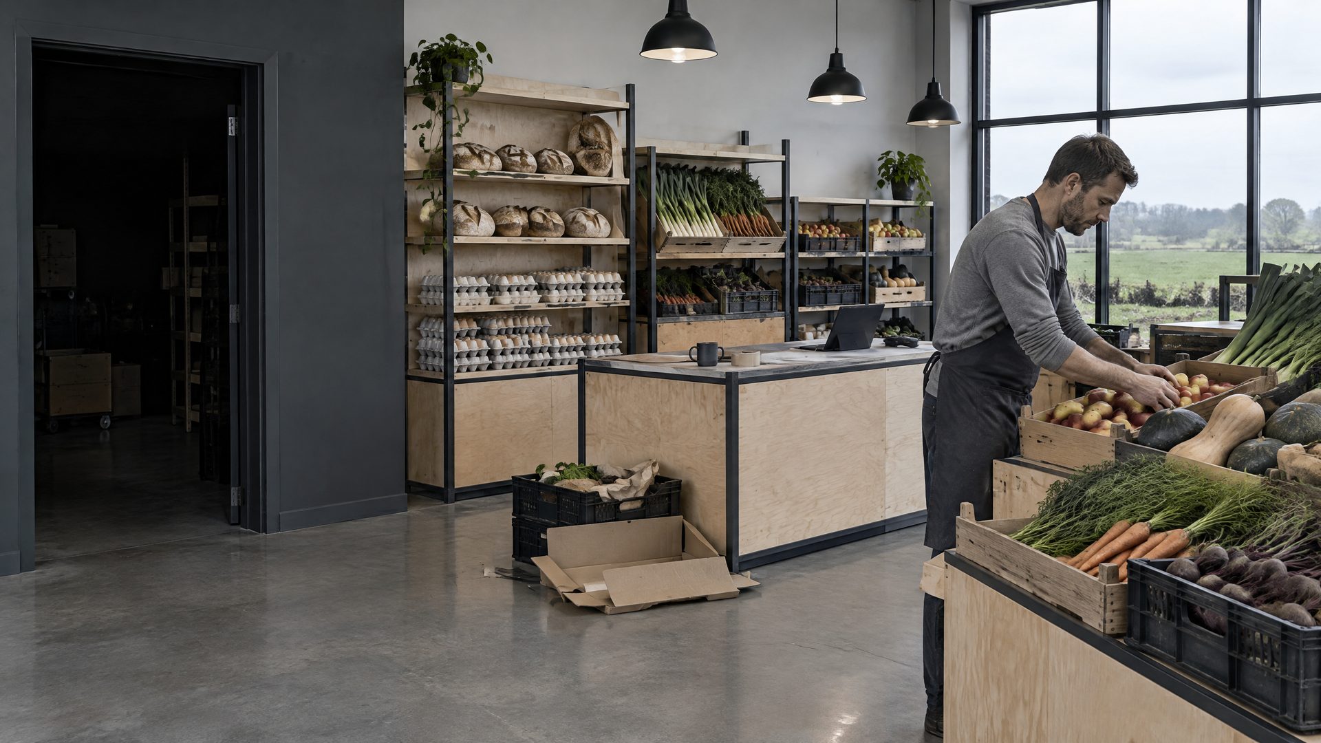 A farm shop owner arranges vegetables in crates by a large window, with shelves of bread, eggs and produce and a dark doorway to the storeroom.